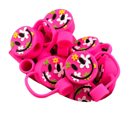 Hot Pink Flower Happy Face Silicone Straw Topper