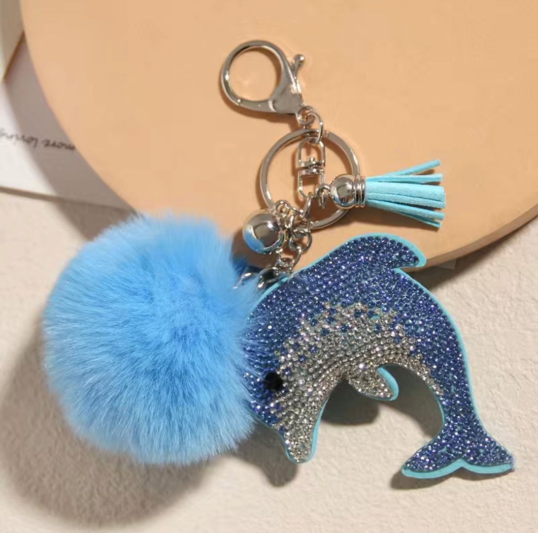 Dolphin Rhinestone With Pom Pom Keychain/Bag Charm