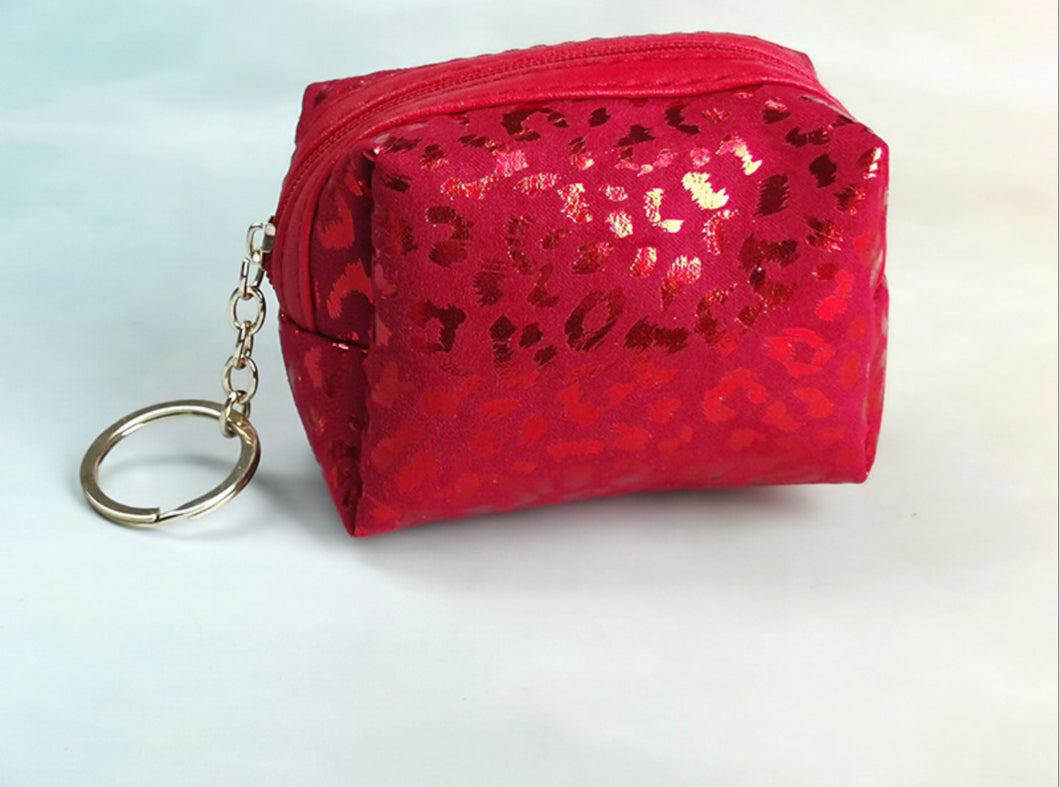Red Leopard Pattern And Metallic Coin Purse Keychain