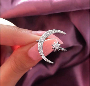 Crescent Moon and Star Open Ring