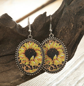 Sunflower With Leopard Print Drop Earrings