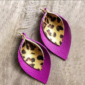 Sienna Magenta and Leopard Leather Drop Earrings