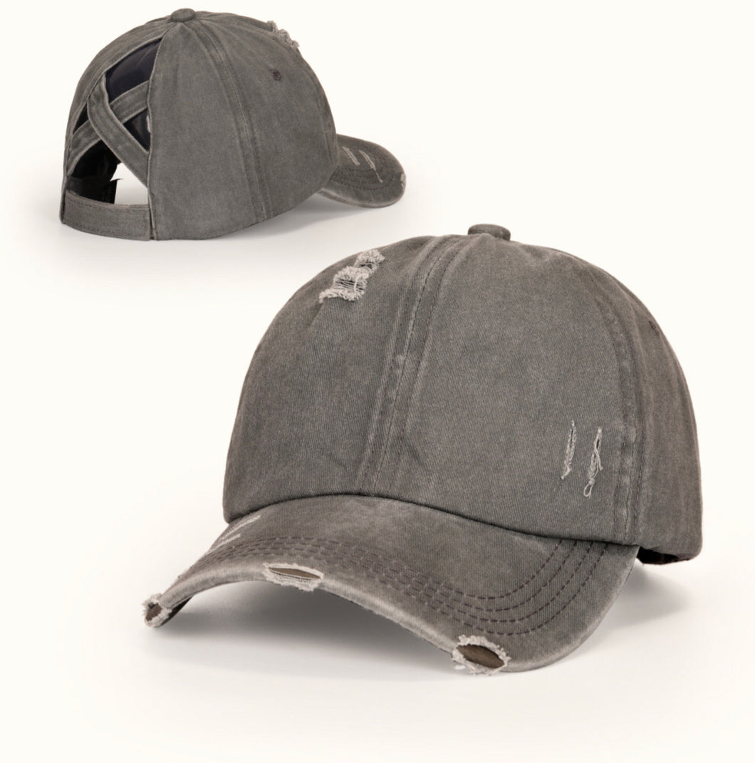 Distressed Gray Baseball Ponytail Hat