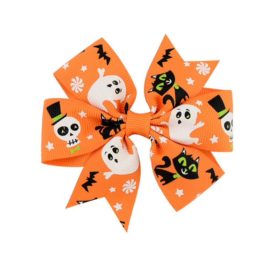 Halloween Hair Bow Orange with Black Cat and White Ghost and Skull