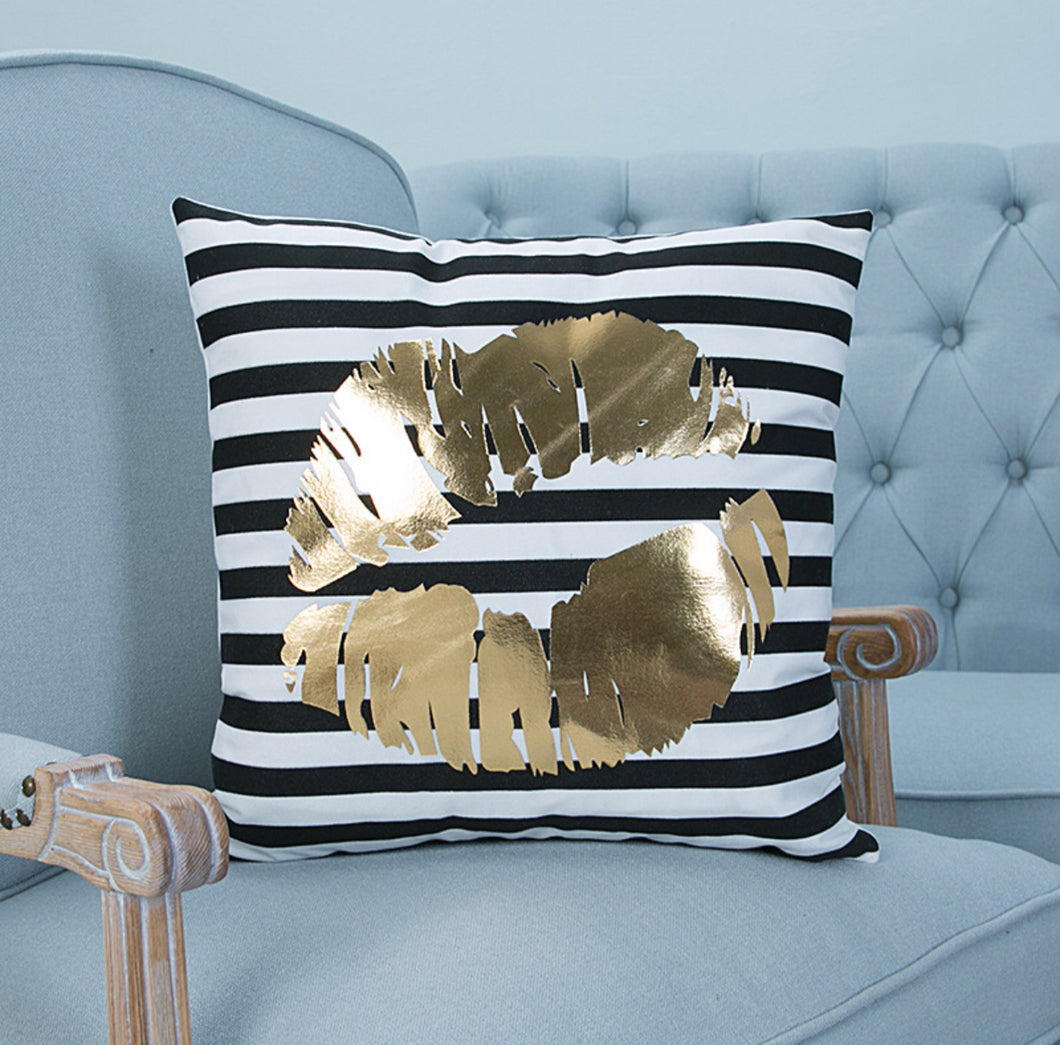 Gold Lips with Black and White Stripes-Throw Pillow