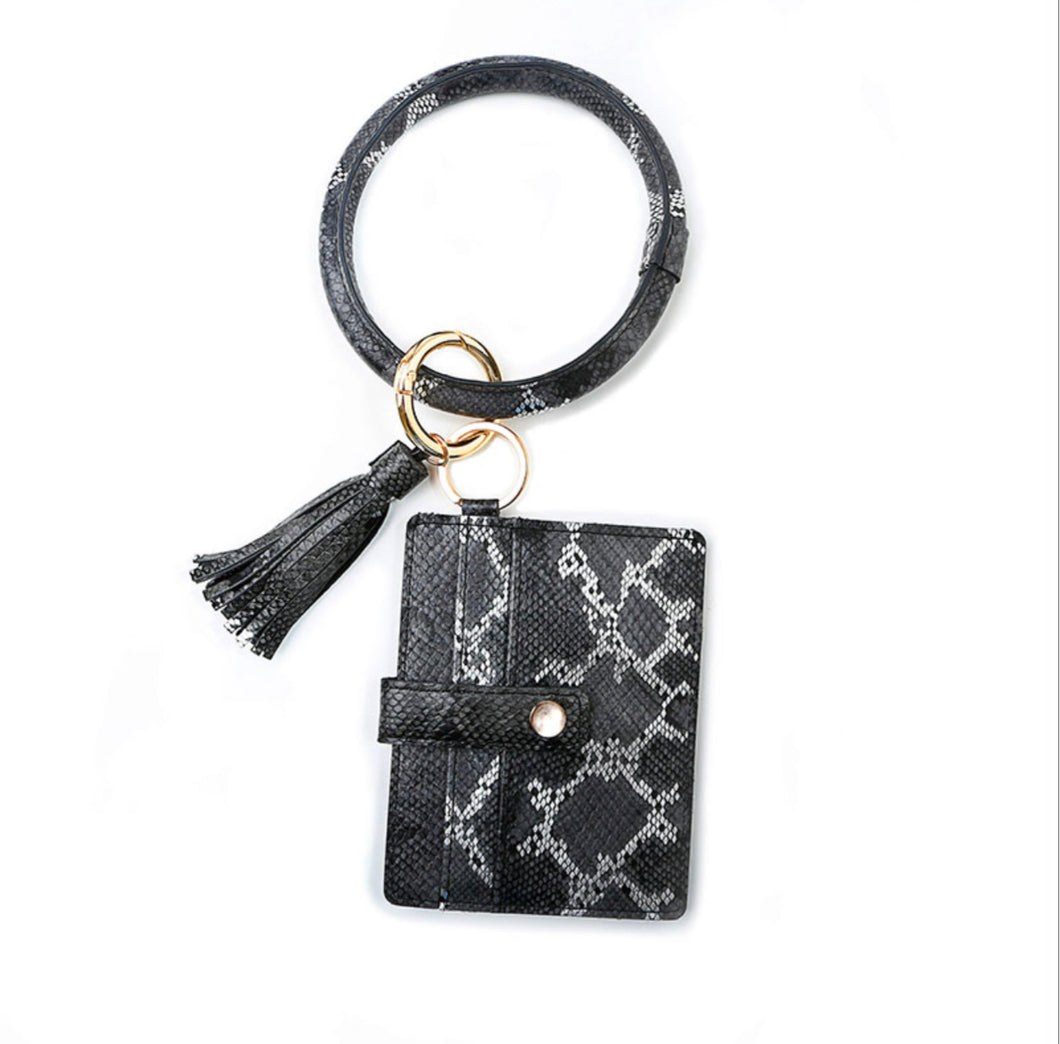 Black Snake Skin Print Bangle With Small Purse and Tassel