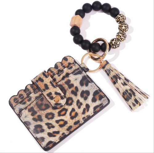 Light Brown Leopard Print Card Holder Silicone Beaded Bracelet Key Ring