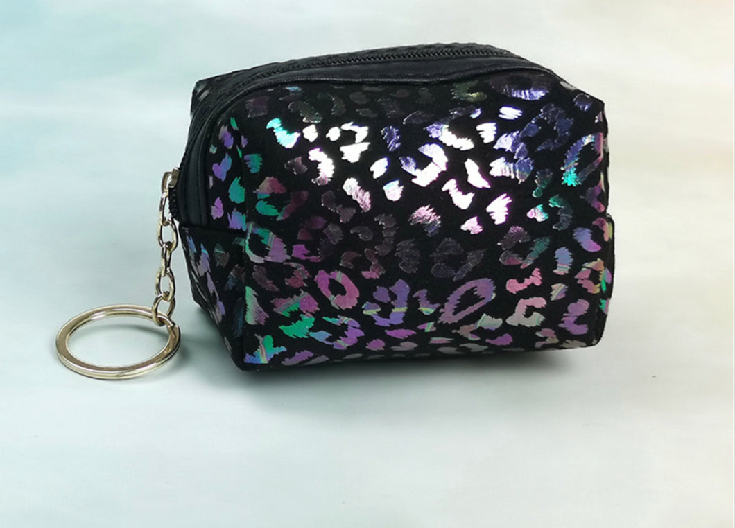 Black Leopard With Colorful Metallic Pattern Coin Purse Keychain