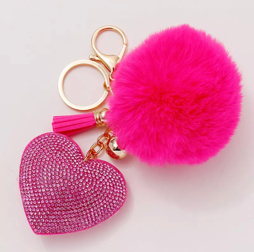 Hot Pink Heart Rhinestone With Pom Pom Keychain/Bag Charm