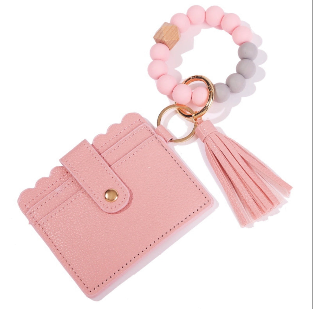 Pink Card Holder Silicone Beaded Bracelet Key Ring