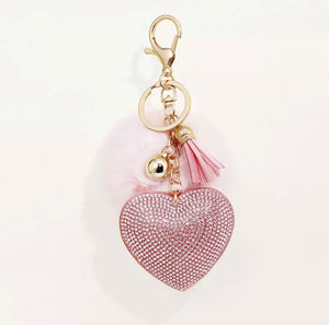 Light Pink Heart Rhinestone With Pom Pom Keychain/Bag Charm