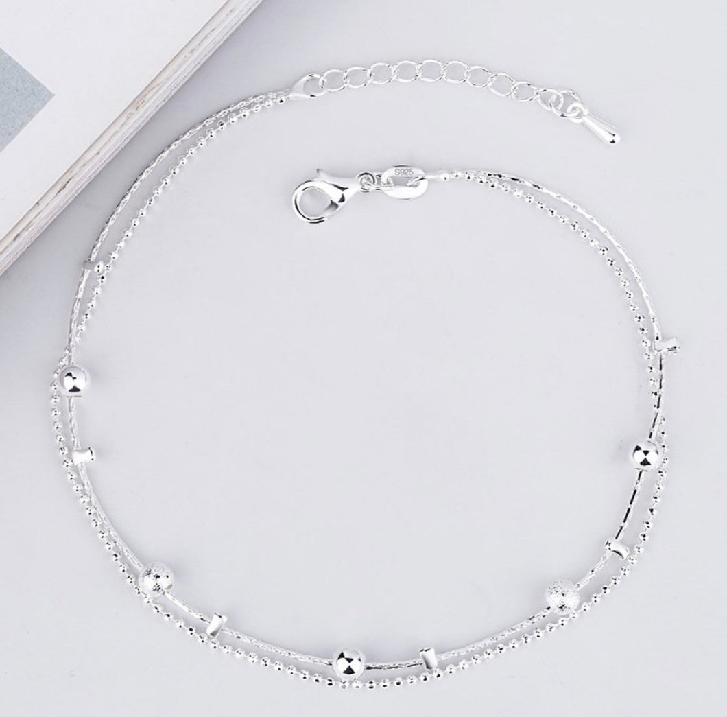 Silver Beading Two-Layer Ankle Bracelet