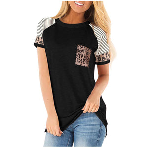 Black Tee with Stripe and Leopard Print Sleeves