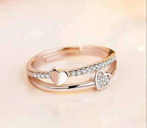 Double Heart Dainty Rose Gold Crystal Adjustable Ring