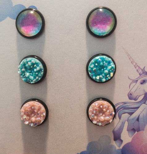 Fish Scale Teal and Pink Chunky Druzy Set/Black Setting