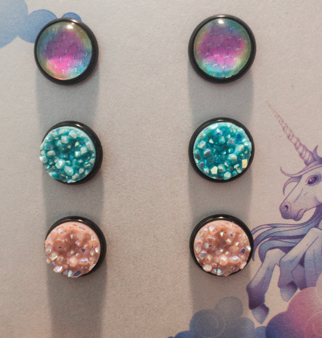 Fish Scale Teal and Pink Chunky Druzy Set/Black Setting