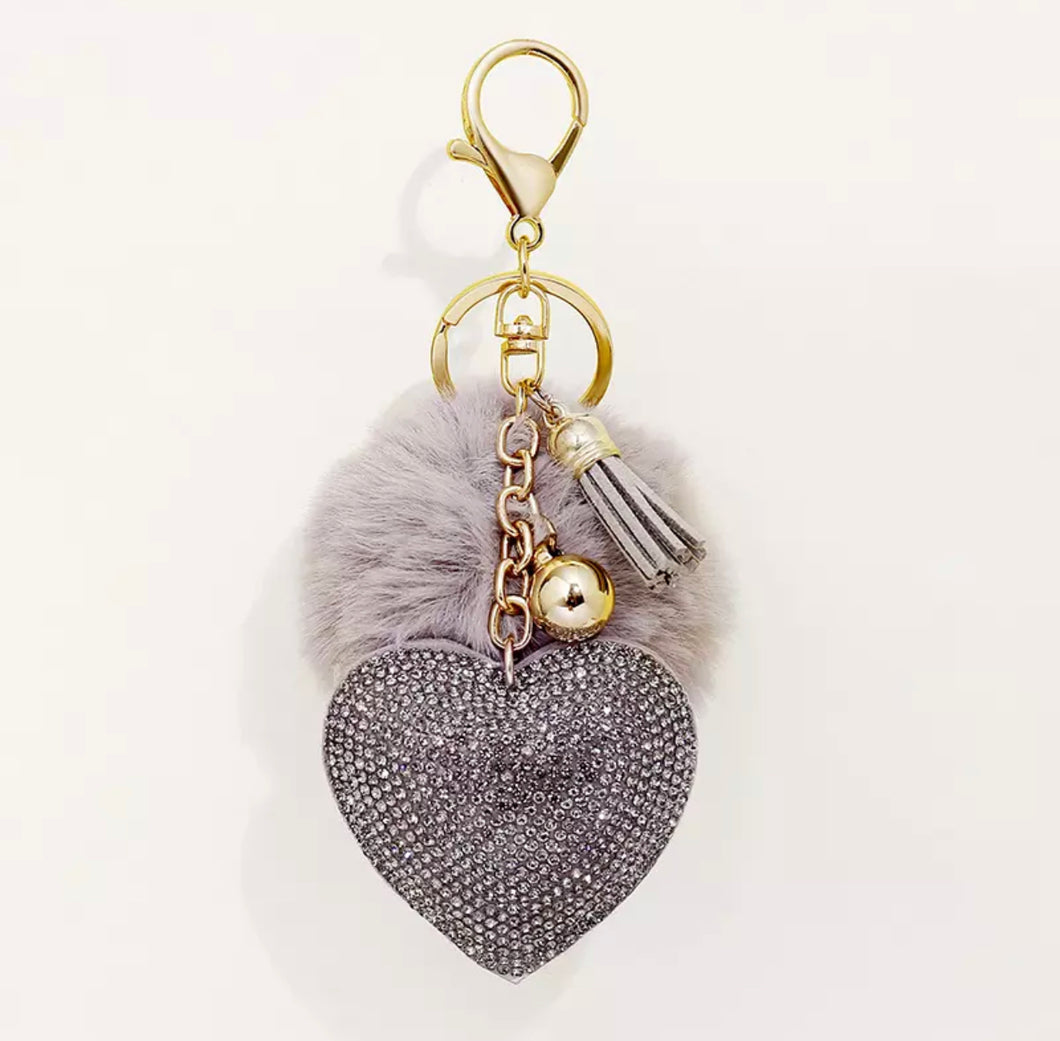 Gray Heart Rhinestone With Pom Pom Keychain/Bag Charm
