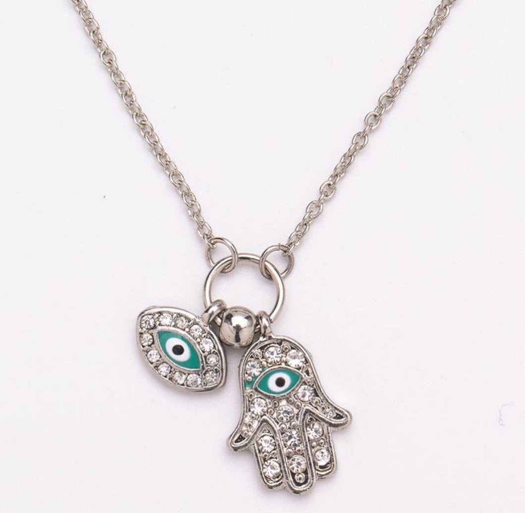 Crystal Silver Hamsa Hand and Evil Eye Necklace