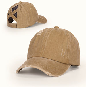 Distressed Tan Baseball Ponytail Hat