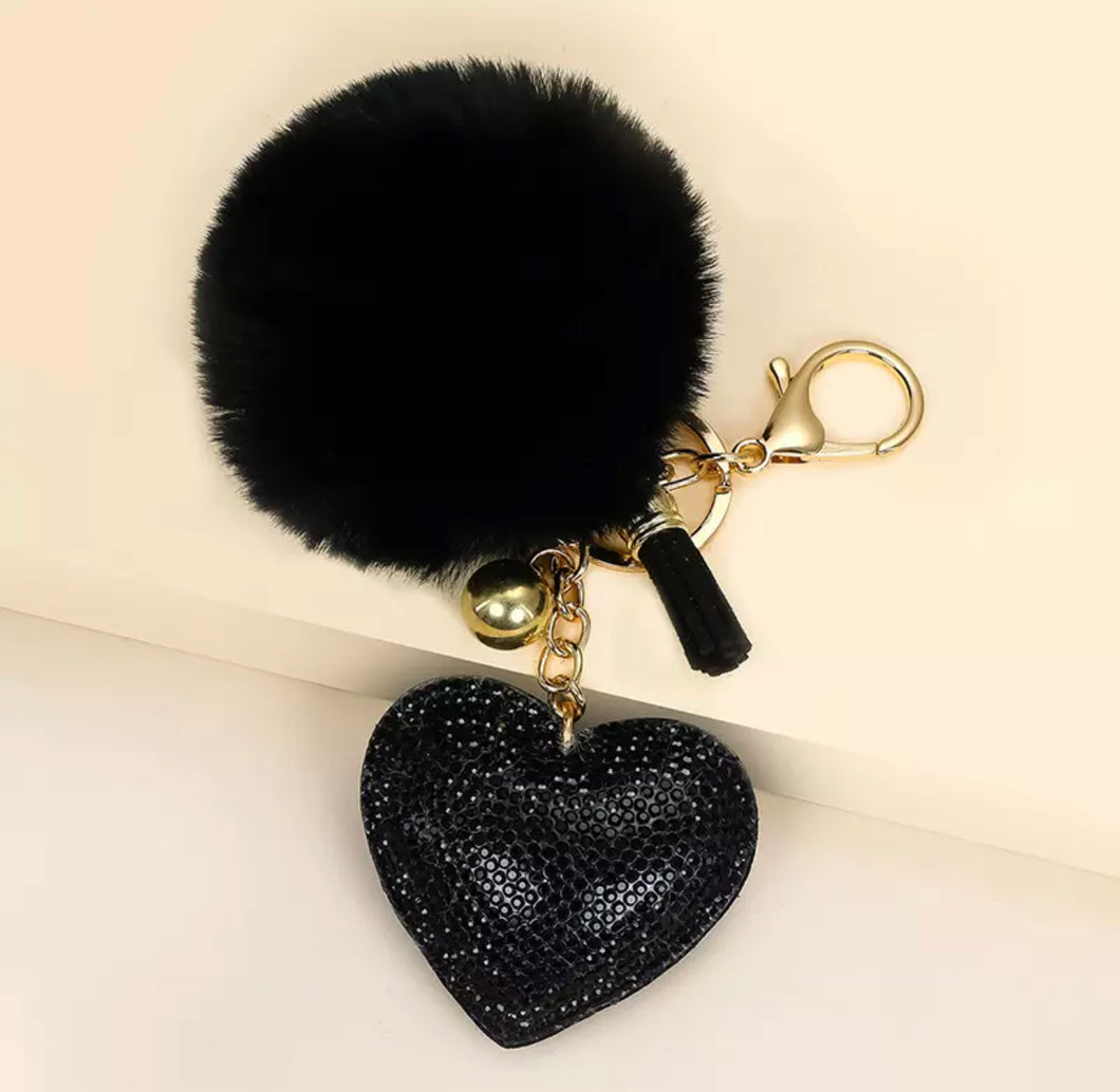 Black Heart with Black Rhinestone With Pom Pom Keychain/Bag Charm