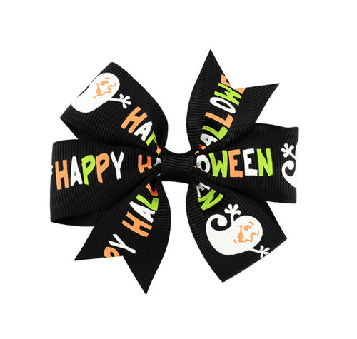 Halloween Hair Bow Black with Orange, Green and White Happy Halloween