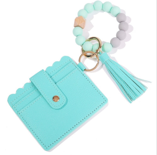 Mint Green Card Holder Silicone Beaded Bracelet Key Ring