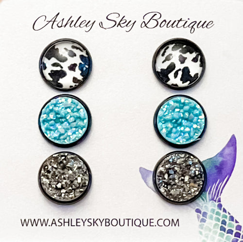 Cow Print With Blue and Gunmetal Glitter Druzy on Black Setting -12mm