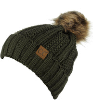 Load image into Gallery viewer, Olive Green C.C Hat Fleece Lined with Pom Pom