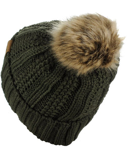 Olive Green C.C Hat Fleece Lined with Pom Pom