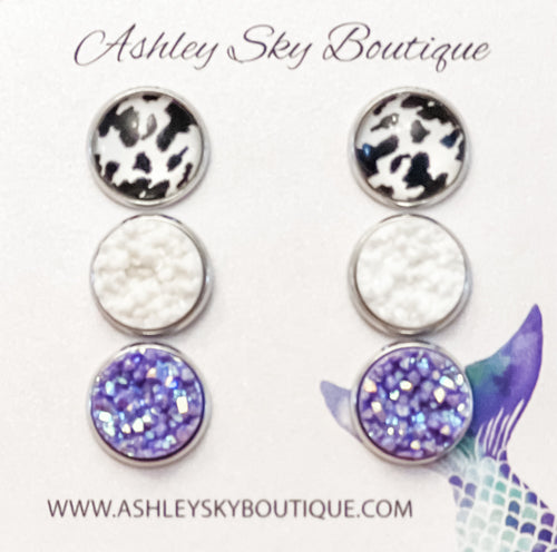 Cow Print With Purple Glitter and White Druzy on Stainless Steel Setting -12mm