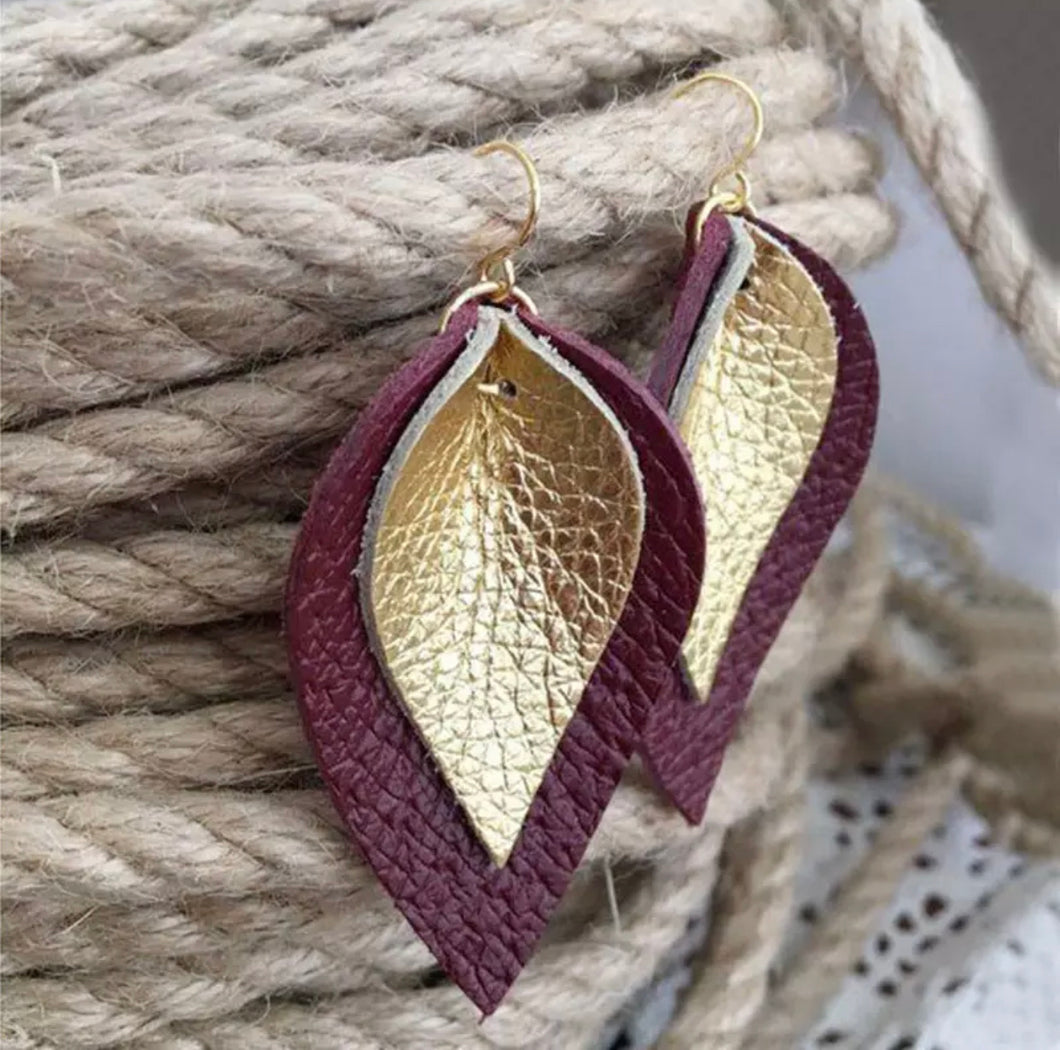 Skylar Metallic Gold and Burgundy Leather Drop Earrings