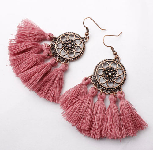 Mauve Pink Antique Bronze Tassel Boho Earrings