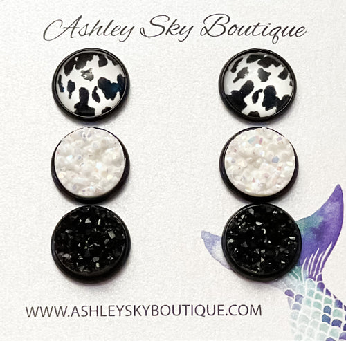 Cow Print With White Glitter and Black Druzy on Black Setting -12mm