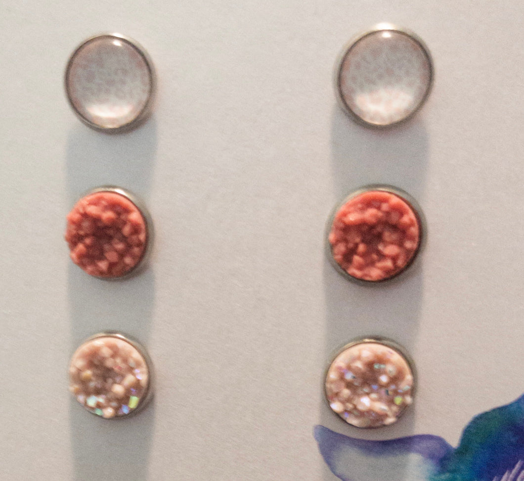 Light Pink and White Leopard Print with Light Pink and Rose Chunky Druzy Set/Silver Setting