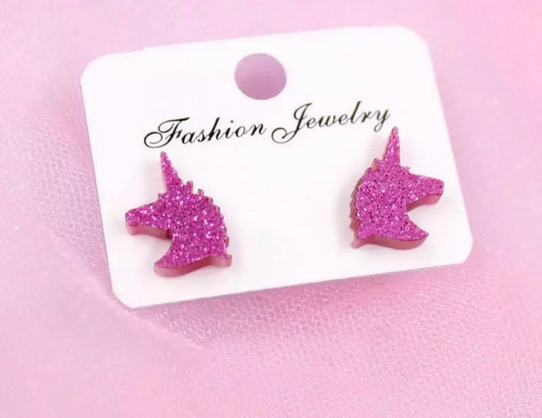 Pink Glitter Unicorn Stud Earrings