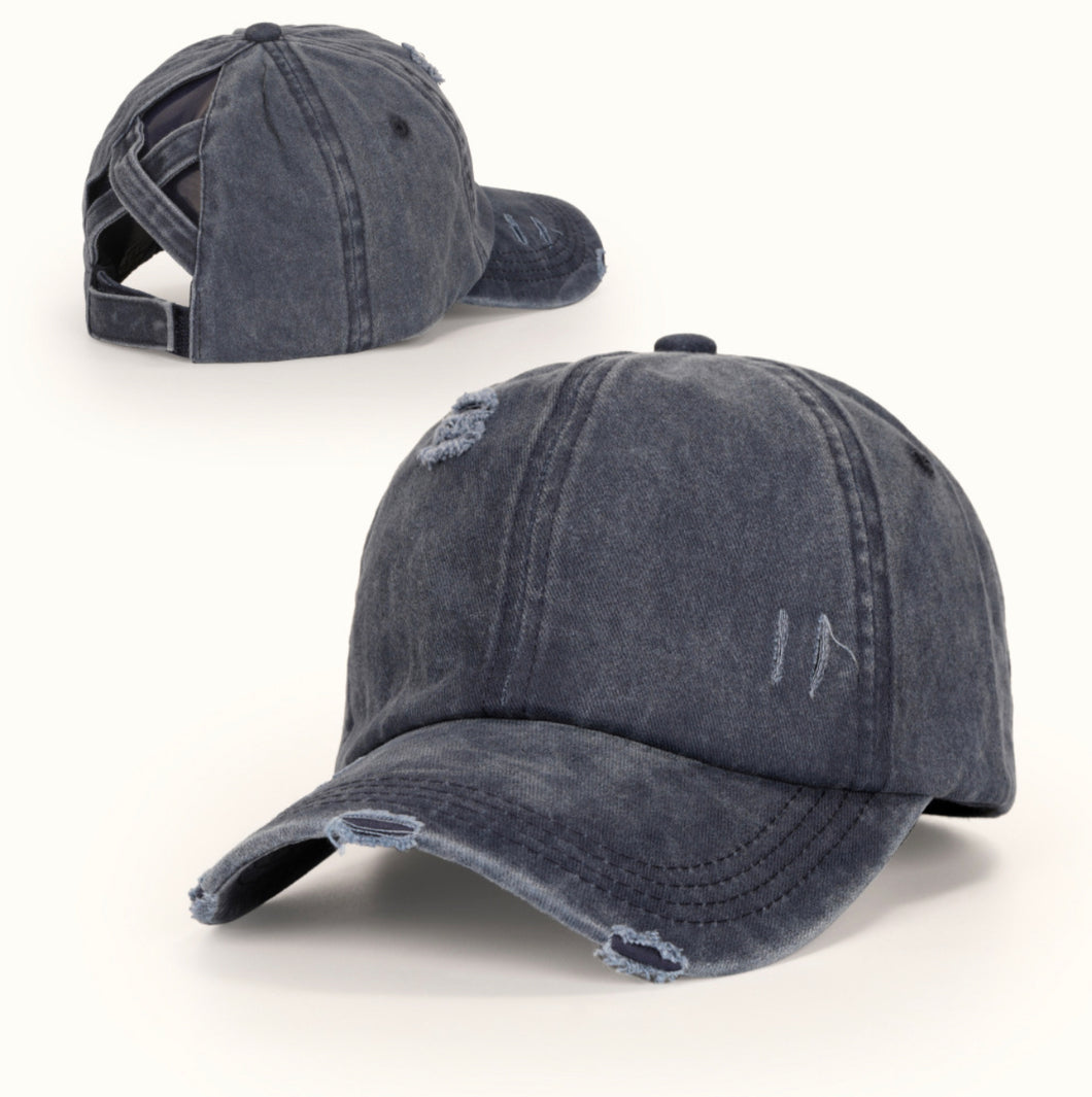 Distressed Blue Ponytail Hat