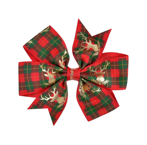 Red and Green Plaid wit Gold Reindeer Christmas Hair Bow
