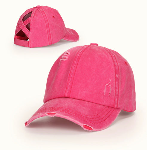 Distressed Pink Baseball Ponytail Hat