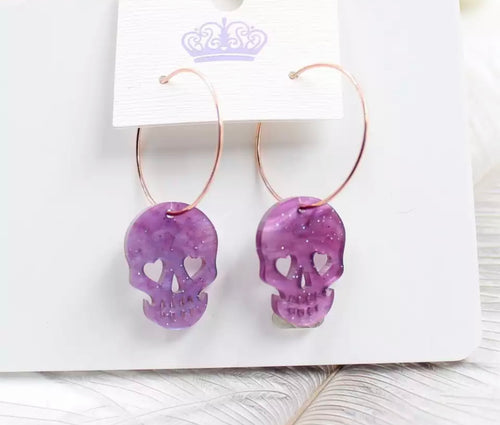 Iridescent Purple Glitter Skull Hoop Drop Earrings