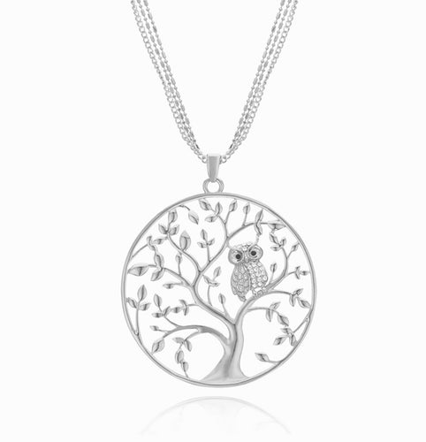 Silver Owl in Tree Necklace