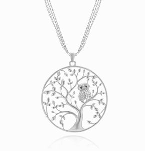 Silver Owl in Tree Necklace