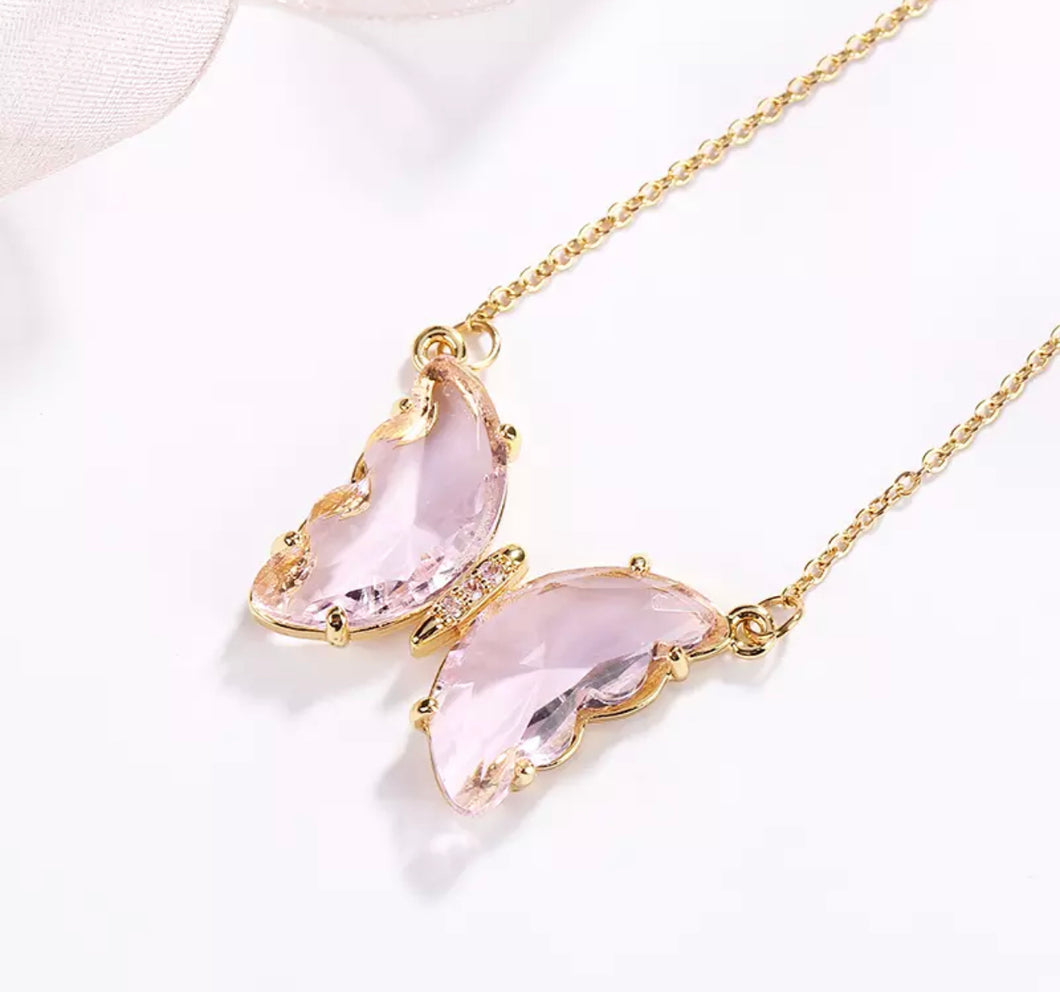 Light Pink Crystal Butterfly Necklace
