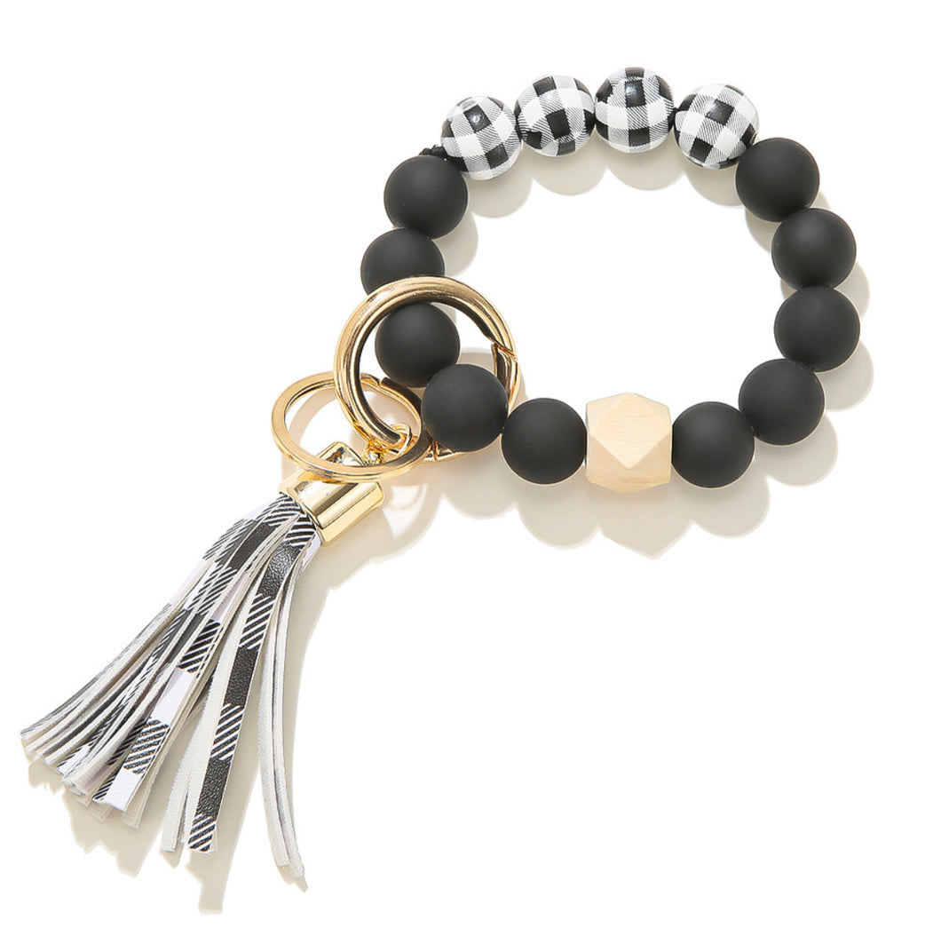 Black and White Plaid Beaded Bracelet Keyring with Tassel
