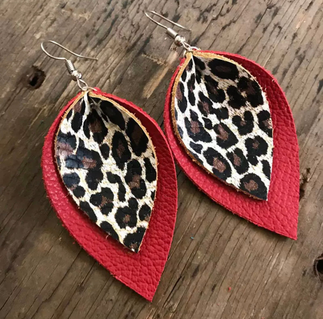 Sienna Red and Leopard Leather Drop Earrings