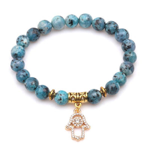 Blue Natural Stone Bracelet with Gold Hamsa Hand Charm