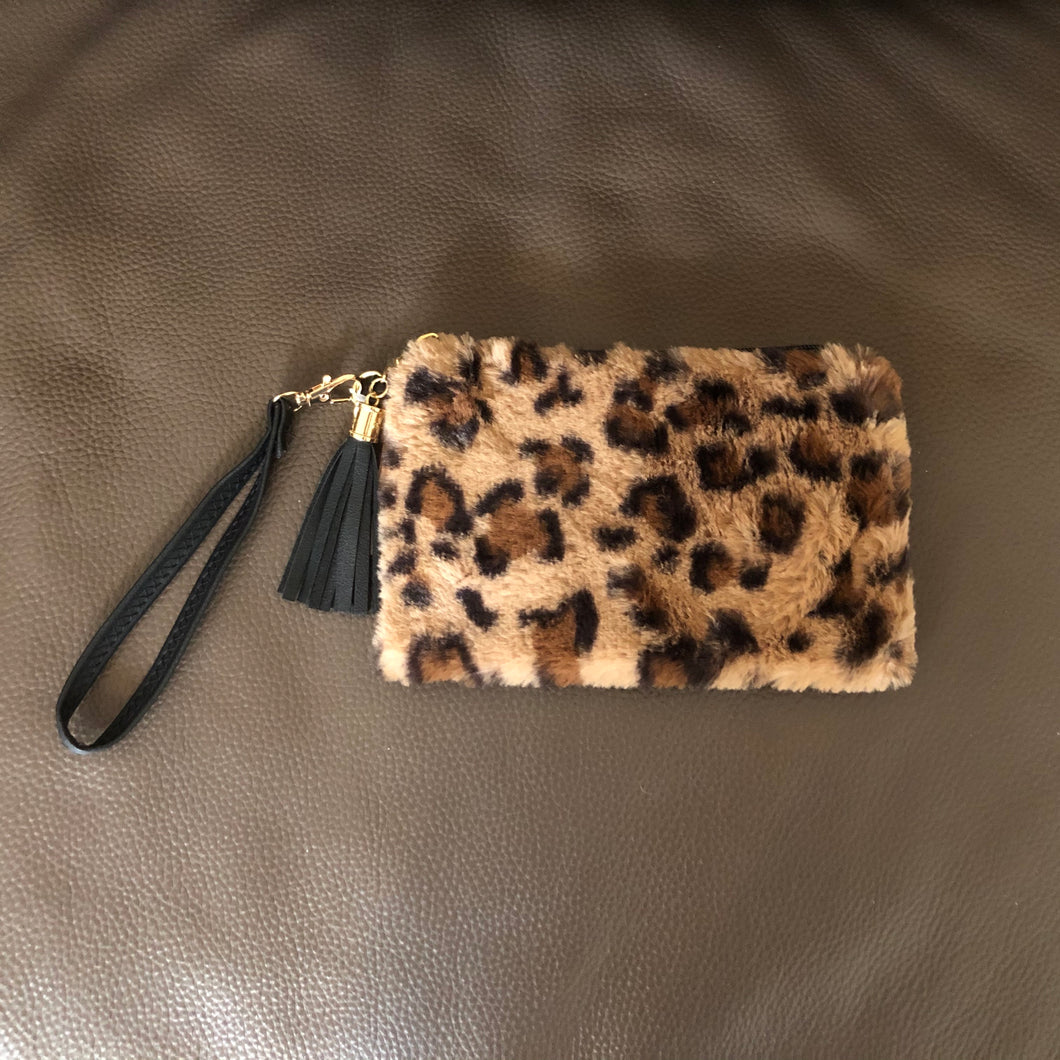 Fuzzy Leopard Wristlet/Makeup Bag