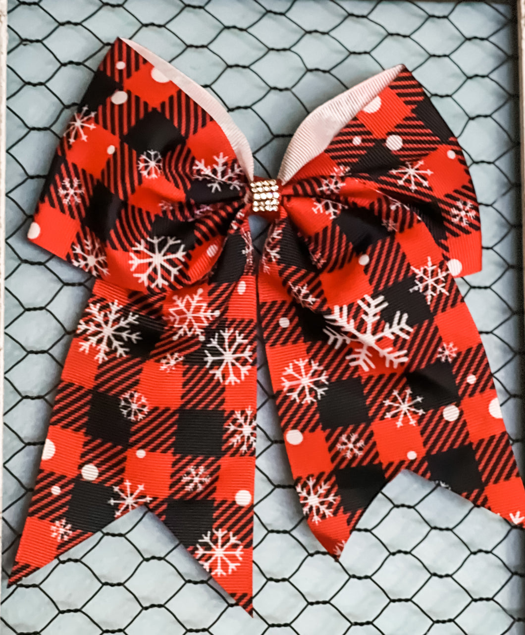 Black and Red Buffalo Plaid Hair Bow with Snowflakes