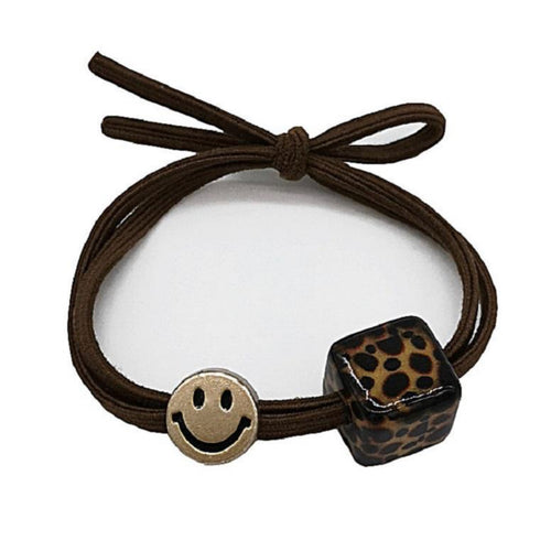 Smiley and Leopard Cube Elastic Hair Tie
