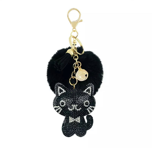 Black Rhinestone Cat With Pom Pom Keychain/Bag Charm