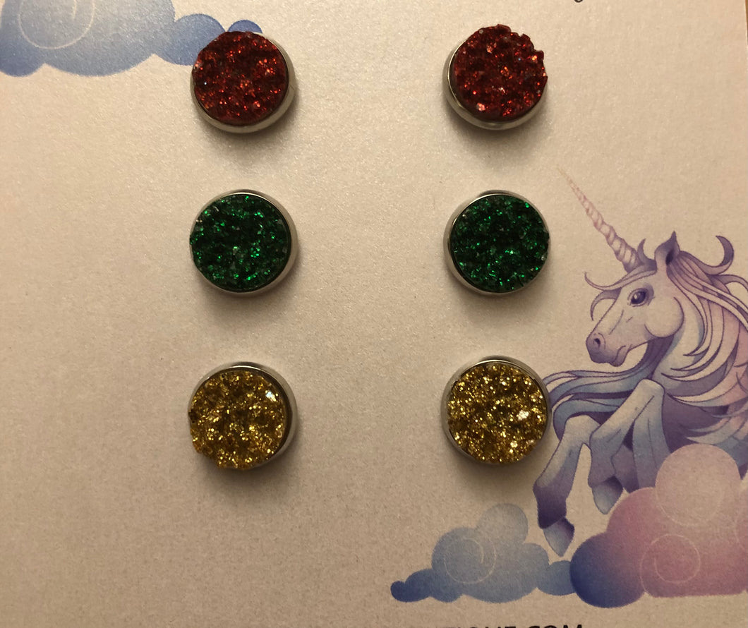 Glitter Chunky Red, Green and Gold Druzy Set/Stainless Setting